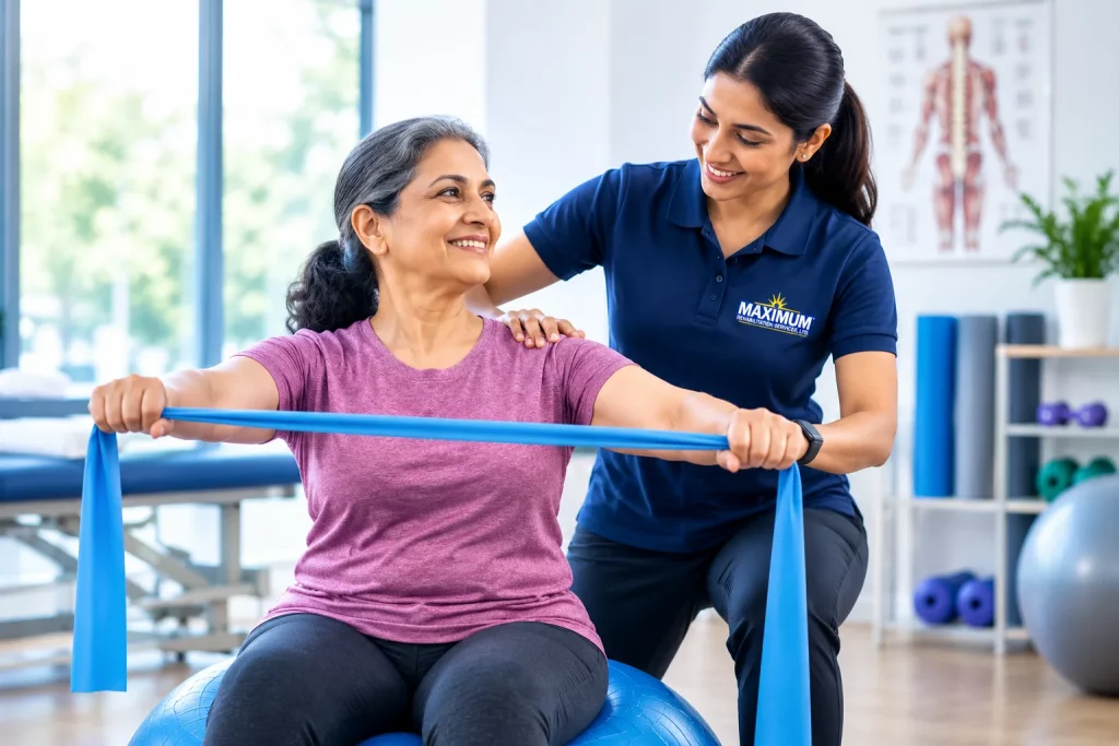 Physiotherapist helping a patient with rehabilitation exercises in a modern clinic